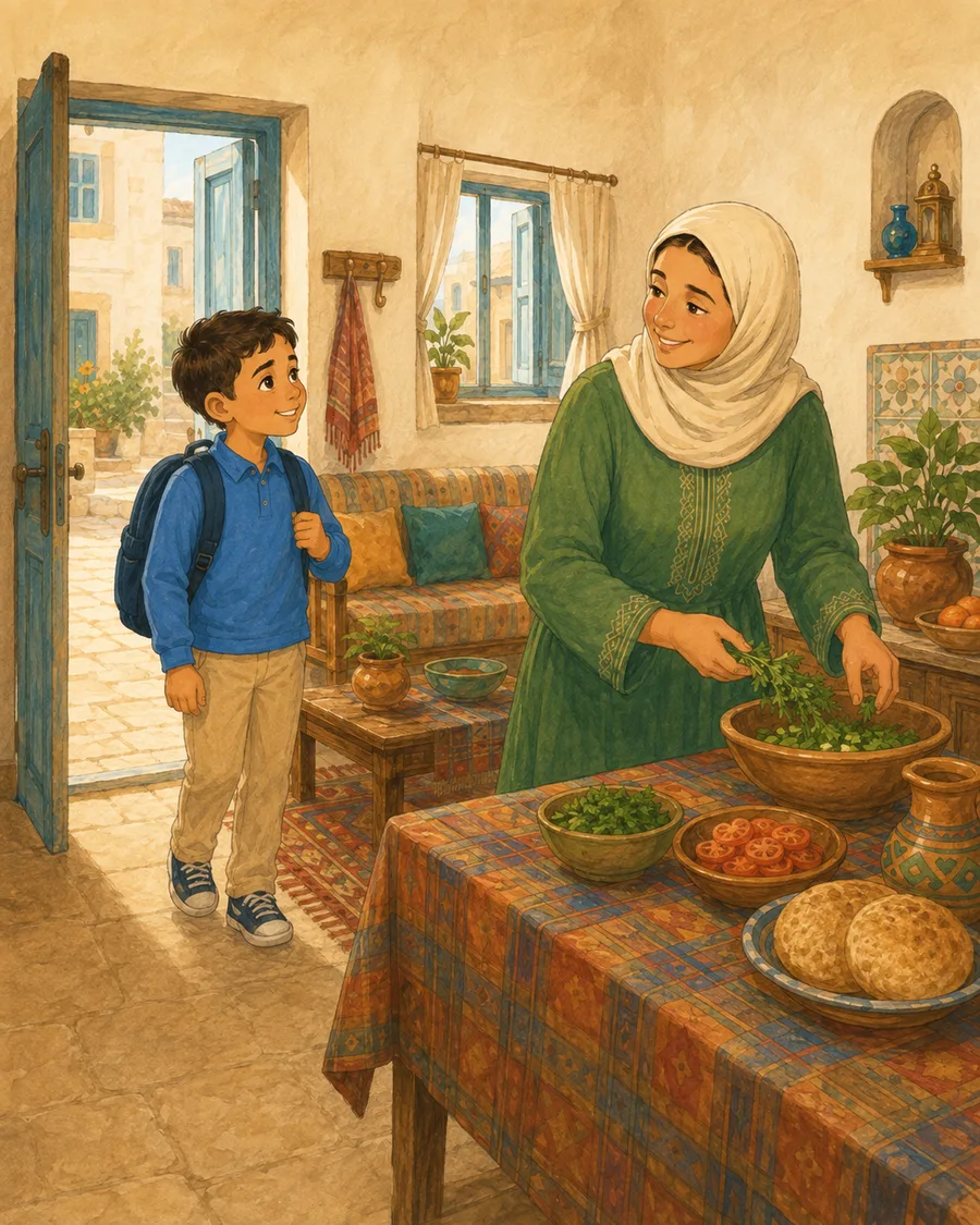 Yusuf arrives home from school and sees his mother arranging the house and preparing food.