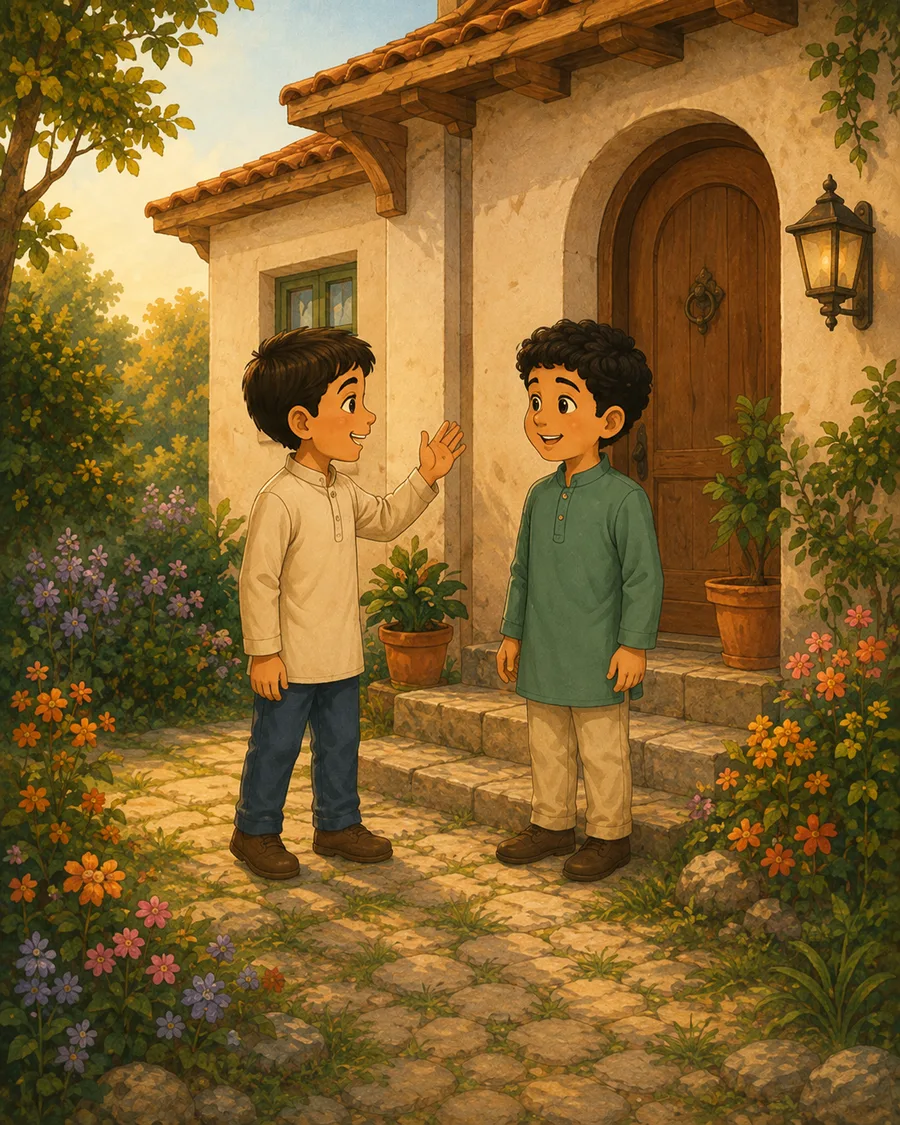 Omar greets Bilal outside Bilal's home on a quiet morning.