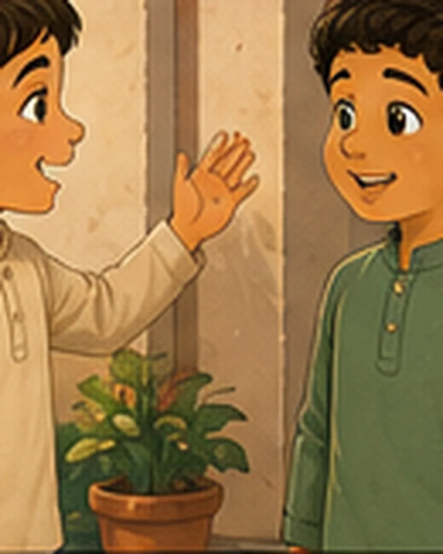 Omar greets Bilal outside Bilal's home on a quiet morning.