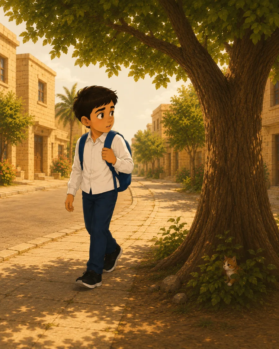 Yusuf walks home from school and turns toward a tree after hearing a faint sound.