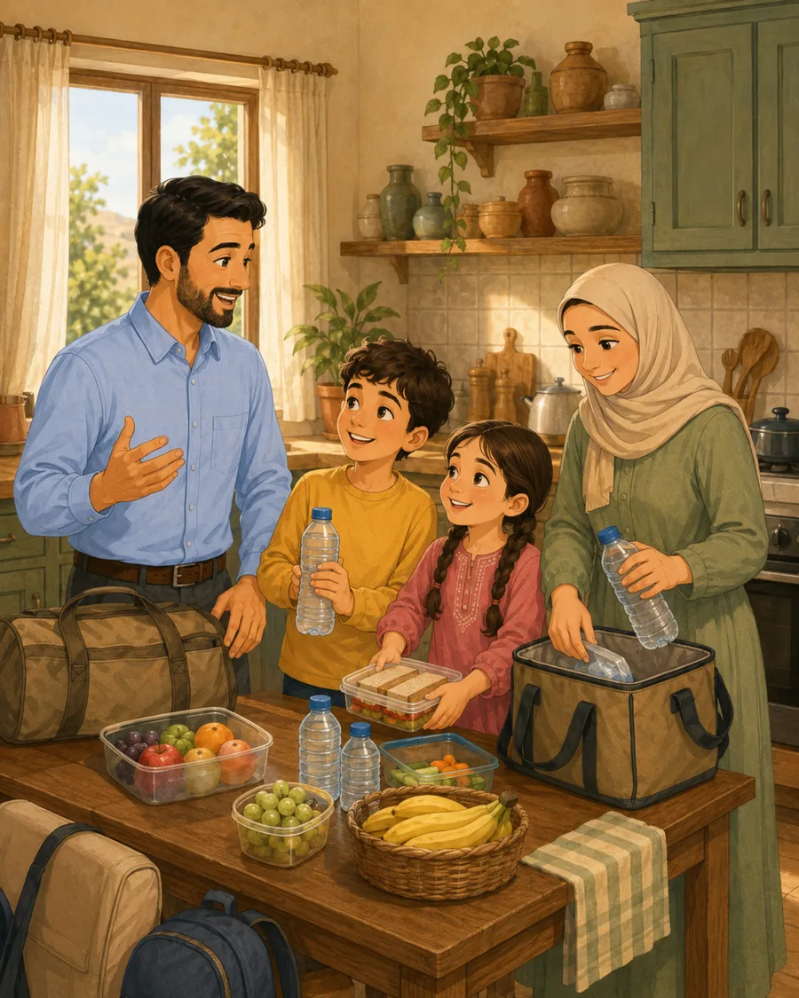 Yusuf and Maryam happily help their mother prepare food and water while their father tells the family about the trip.